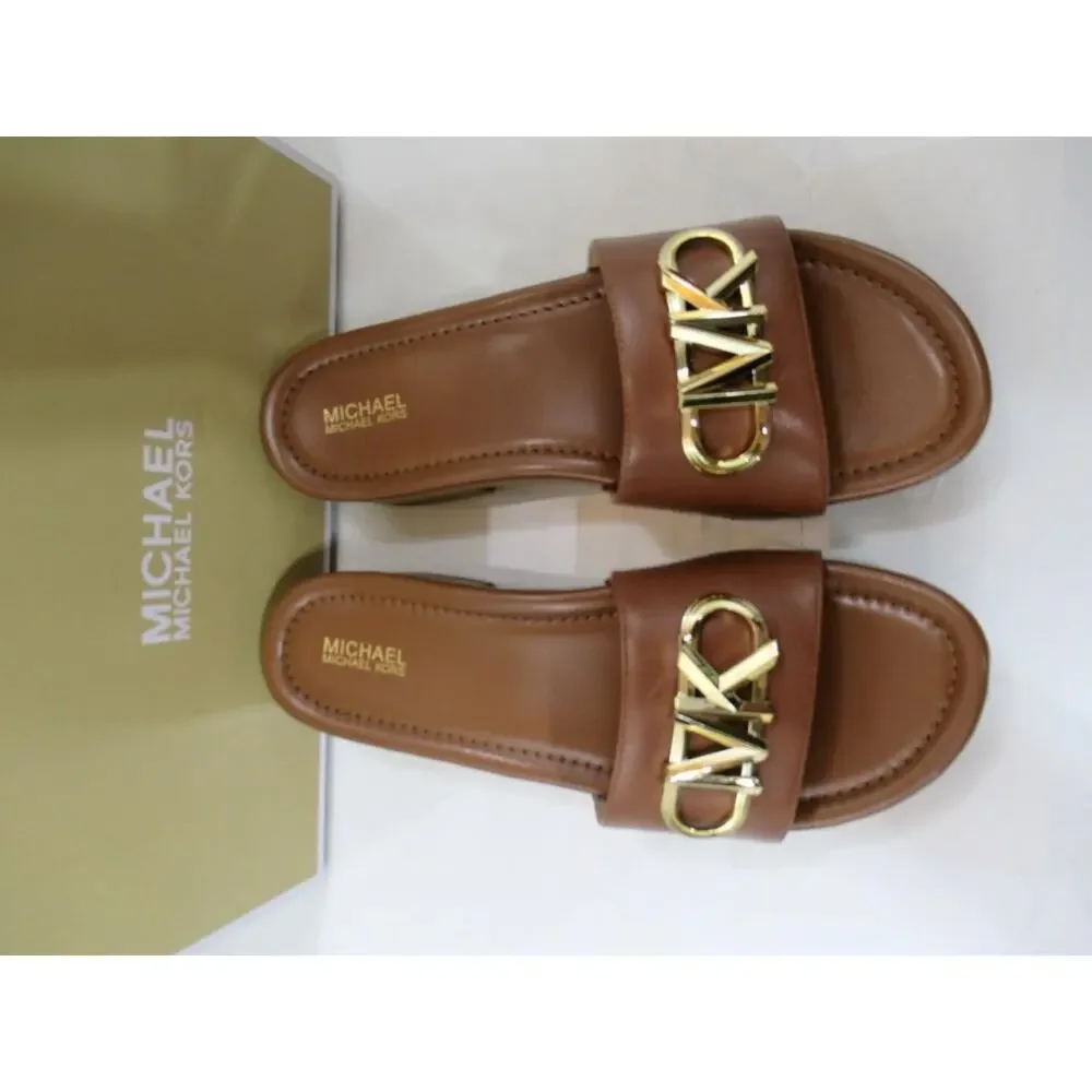 Michael Kors Parker Slide Slip On Platform Dress Sandal MK Logo Luggage Size 6.5